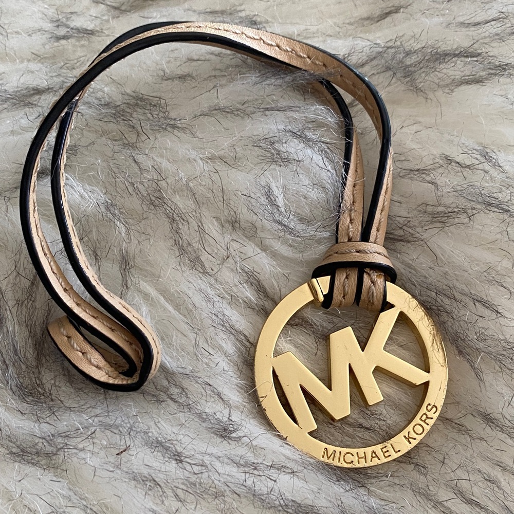 Michael Kors Gold Emblem Keychain with Tan Strap